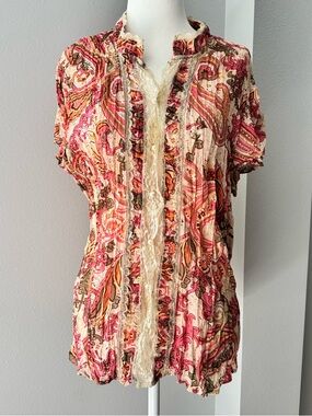 Y2K Faded Glory pink floral paisley print gauzy blouse with lace details large